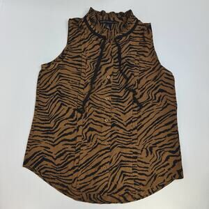 White House Black Market Tiger Print Sleeveless Blouse XS Women Tie/Button Front